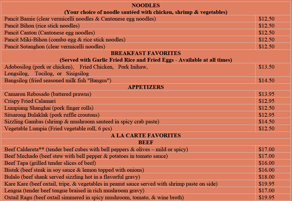 Restaurant Menu Karilagan Restaurant