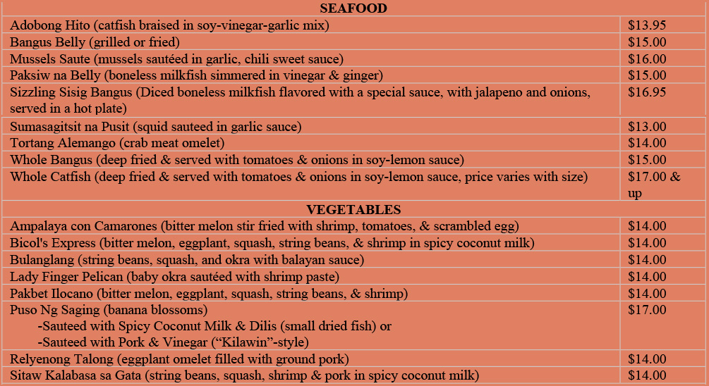 Restaurant Menu Karilagan Restaurant