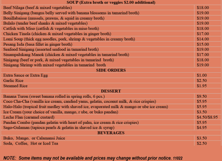 Restaurant Menu Karilagan Restaurant